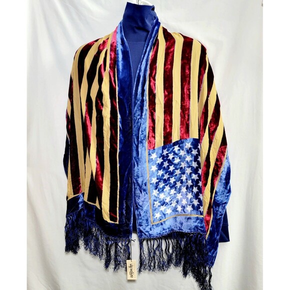 Maya Matazaro American USA Flag Silk Burnout Velvet Shawl Wrap With Fringe NWT - Picture 8 of 11